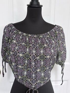 Free People Cropped Off-Shoulder Tie-Hem Top in Black and Purple
